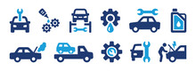 Car Repair Service Icon Set. Containing Car Mechanic, Change Automobiles Engine Oil And Tow Truck Icons. Vector Illustration.