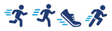 Run Icon Set. Containing Runner And Running Shoe Symbol. Vector Illustration.