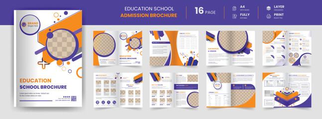 16 Pages modern new year education school admission brochure company layout and annual report design with multiple shapes