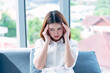 © aFotostock - Stress asian women headache have migraine feeling temples stressfull upset depressed. Strong headache migraine exhausted young girl. Office syndrome unhealthy Tension person. Woman headache concept