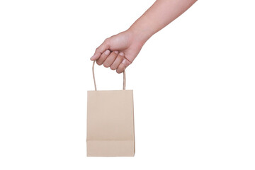 Wall Mural - Side View of Hand Holding Paper Bag isolated on White Background. COPY SPACE.