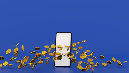 Wall Mural - Gold coin overflow from smartphone display, online business concept, 3D rendering.