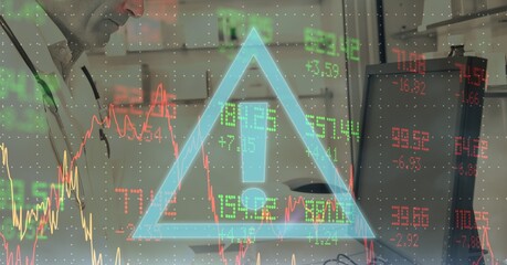 Poster - Digital illustration of a blue warning sign with a doctor working over data processing