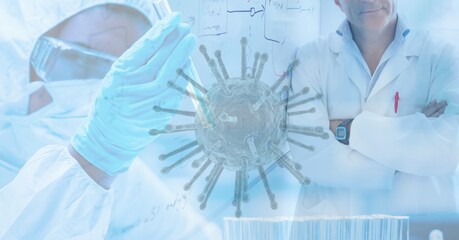 Poster - Digital illustration of a scientist wearing coronavirus covid19 mask over macro cell