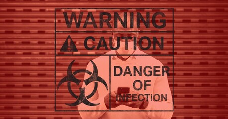 Sticker - Digital illustration of a warning sign with a hazard sign with Warning over a man wearing coronaviru