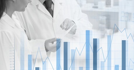 Poster - Digital illustration of two pharmacists discussing over paperwork over data processing
