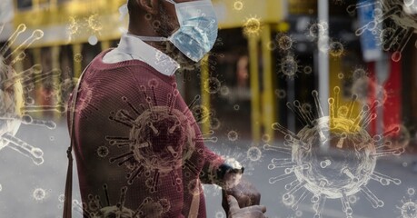 Canvas Print - Digital illustration of a man wearing a face mask, walking on a street, checking his watch