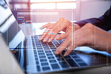 Poster - women hand using laptop with virtual work schedule plan on screen