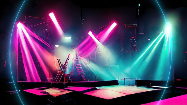 Wall Mural -  - Pink and green lights illuminate the square stage.
Smokey, no one in the studio.
A live music venue where the music begins. Rock band, steampunk background.
Sci-fi, cyberpunk, clubhouse in the style o