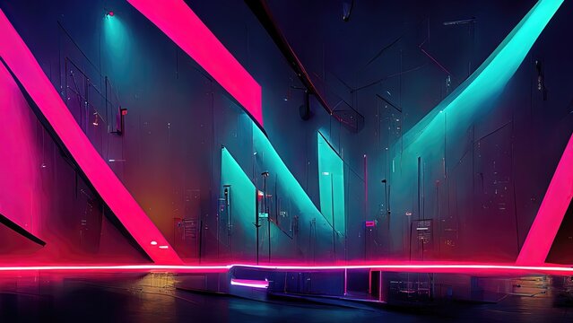 Wall Mural -  - The studio is covered with pink and blue LED panels throughout the room.
Cyberpunk style and Sci-fi city. Club sounds and EDM.