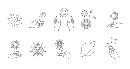 Wall Mural - Aesthetic astral hands. Collection of cosmic and celestial elements with sun, moon and stars. Isolated editable linear vectors.
