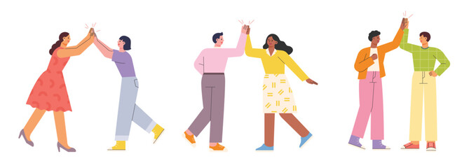 Wall Mural - two friends meet and high-five flat design style vector illustration.