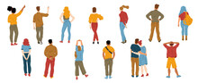 Back View Of Standing Diverse People. Men And Women Characters In Casual Style Clothes From Behind. Adult Persons In Different Poses, Couple Hug, Girl Pointing Hand Up, Vector Flat Illustration