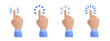 3D illustration set of hand pointer cursors isolated on white background. Collection of human finger icons with different touch or click effects. Bundle of user interface elements for software