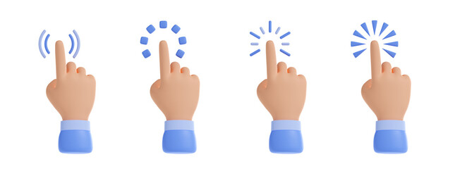 Poster - 3D illustration set of hand pointer cursors isolated on white background. Collection of human finger icons with different touch or click effects. Bundle of user interface elements for software
