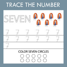 A Game Of Tracing The Outlines Of The Number Seven  With  Dolls. Preschool Worksheet, Kids Activity Sheet, Printable Worksheet