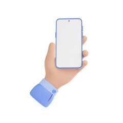 Poster - Hand hold mobile phone, smart device with blank screen. Man showing modern smartphone, digital gadget with empty display isolated on white background, 3d render illustration
