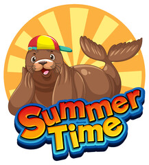 Wall Mural - Sea lion cartoon character with summer time word