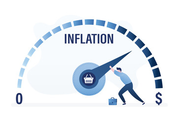 Indicator shows high inflation. Politician or financier is trying to keep meter from maximum values. Fed regulates rising inflation. Rising prices, economic crisis.