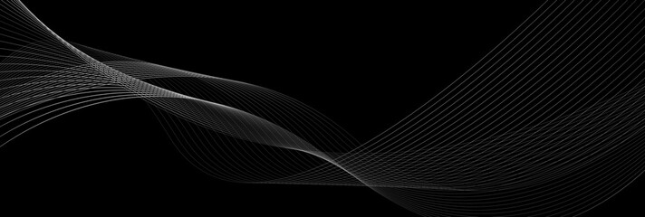 Grey abstract curved wavy lines on black background. Vector banner minimal design