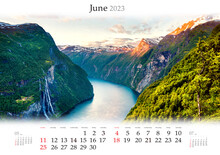 Wall Calendar For 2023 Year. June, B3 Size. Set Of Calendars With Amazing Landscapes. Picturesque Summer Sunset On Seven Sisters Waterfalls, Norway. Monthly Calendar Ready For Print..
