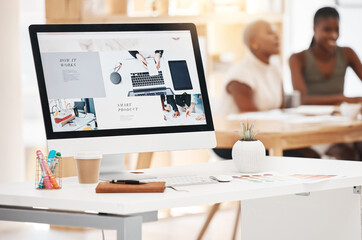 Aufkleber - Graphic design, website and marketing with a screen for advertising campaign on a computer in a creative office. Designer, brand and editor in a studio for product placement, art and creativity