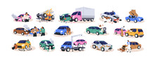 Car Accidents Set. Crash, Collision At Road Traffic. Drivers, Pedestrians And Broken Auto, Damaged Transport, Injured People After Crush. Flat Graphic Vector Illustrations Isolated On White Background