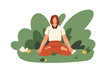 Meditation, yoga in nature. Woman meditating in zen pose, relaxing in lotus asana. Peaceful person sitting in yogi position, breathing. Flat graphic vector illustration isolated on white background