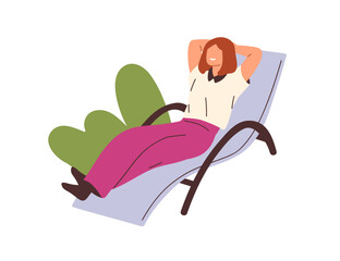 Aufkleber - Happy woman relaxing, lying on chaise longue. Female employee chilling on deck chair at break. Relaxation of office worker lounging, resting. Flat vector illustration isolated on white background