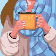 When It`s Cold Outside A Girl Has Big Cup Of Hot Tea, Dresses Her Warm Coat And Wraps Herself In A Scarf.