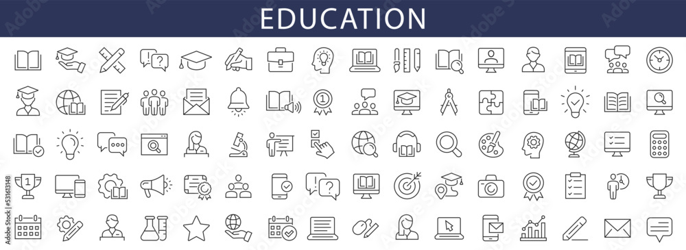 Education and Learning thin line icons set. Education, School, Learning ...