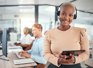 Poster - Call center, CRM and customer service woman with tablet and headset in telemarketing and customer support in office. Happy, smile and motivation with contact us, help and business employee consultant
