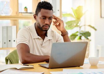 Leinwandbilder - Reading email, work laptop and businessman thinking of strategy for corporate marketing business, planning website online on internet and working on computer. African web design employee at work