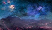 3D Abstract Surreal Landscape With Space Sky