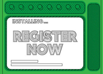 Poster - Cartoon Computer With the word Register Now. Message of a screen displaying an installation window.