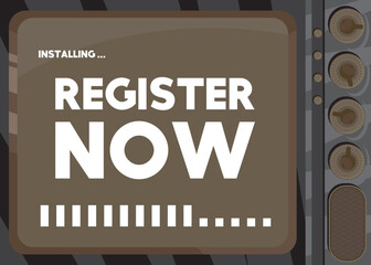 Poster - Cartoon Computer With the word Register Now. Message of a screen displaying an installation window.