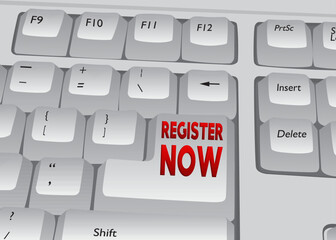 Poster - Computer Keyboard with Register Now text. Close-up of an electronic Computer Device part, keypad.
