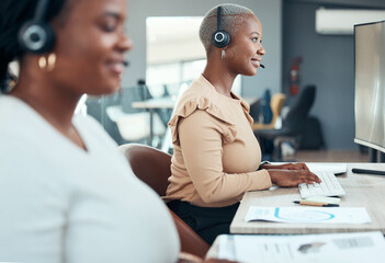 Poster - Customer service, call center and telemarketing consultant happy to help with friendly quality support. Black woman working as an insurance agent talking to a client for a communications company