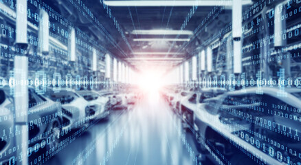 Poster - Automobile factory and technology. digital transformation. Wide angle visual for banners or advertisements.