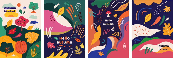 Wall Mural - Autumn abstract vector flyers. Posters A3 format with autumn illustrations. Notebook covers. Set of eight trendy vector templates