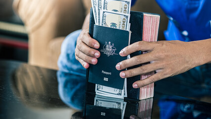 Sticker - Christian person holding passport and money with bible for mission, christian concept.