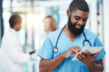 Poster - hospital nurse and man on tablet for medical news on science breakthrough with online app. healthcar