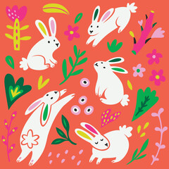 Poster - Collection of white rabbits, flowers and leaves in flat cartoon style