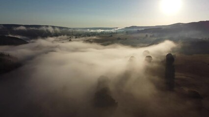 Wall Mural - Fog in the valley of the Belgian Ardennes near Chevron, Liège. Aerial