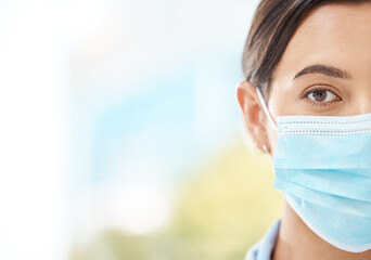 Poster - Covid, mask and face of a medical doctor or healthcare nurse working at a hospital, insurance for safety and nursing staff at clinic. Portrait of sick, expert health worker or professional at job