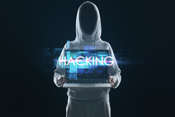 Fototapete - Hacker holding laptop with abstract glowing big data glitch on black background. Hacking and theft concept. Unique Design Abstract Digital Pixel Noise Glitch Error Video Damage.