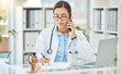 © Anela Ramba/peopleimages.com - Telehealth woman doctor phone call, healthcare talking and medical service writing sick note, surgery planning and prescription. Wellness worker, medicine research and clinical report test results