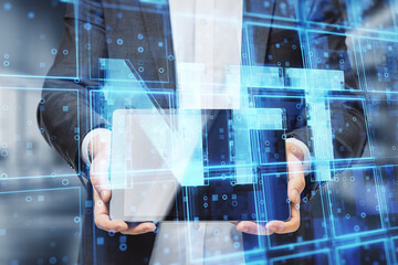 Aufkleber - Close up of businessman hand holding tablet with creative blue cubes NFT text hologram on blurry background. Technology, cryptocurrency, nonfungible token and information concept. Double exposure.