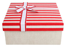 Simple Cardboard Box With Striped Red White Lid And Ribbon Bow Tie Isolated On White Background