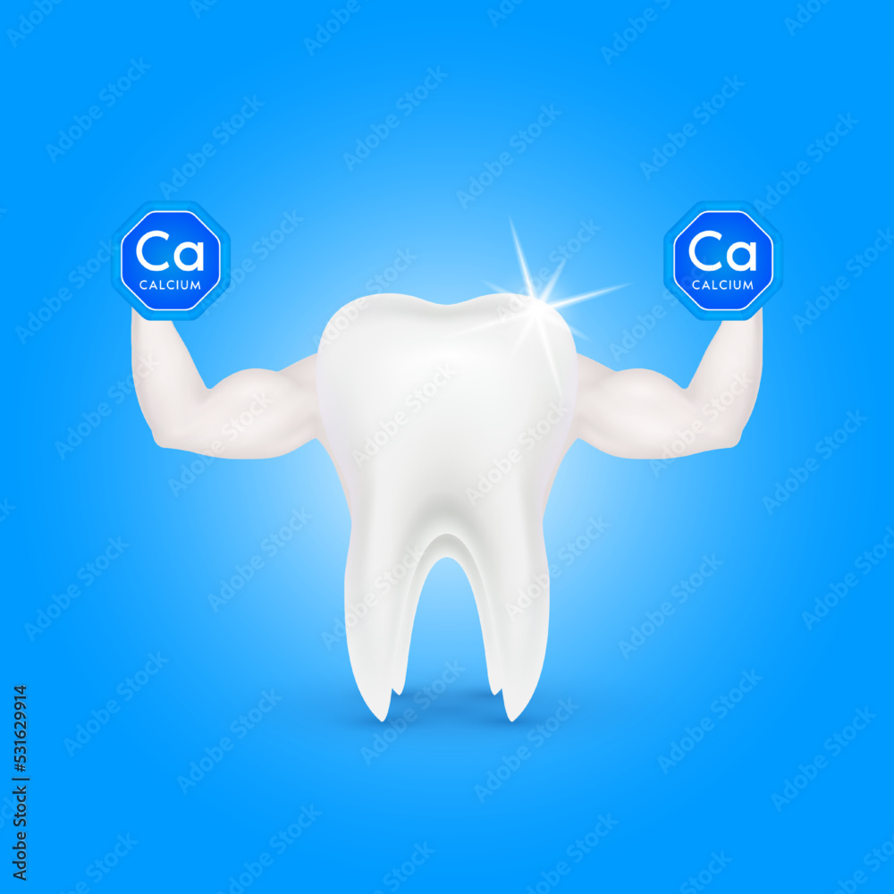 Tooth showing strong muscles powerful. Holding a dumbbell calcium blue ...